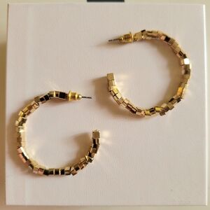Gold Metallic Square Cube Open Hoop Earrings Mosaic Mirror Shiny